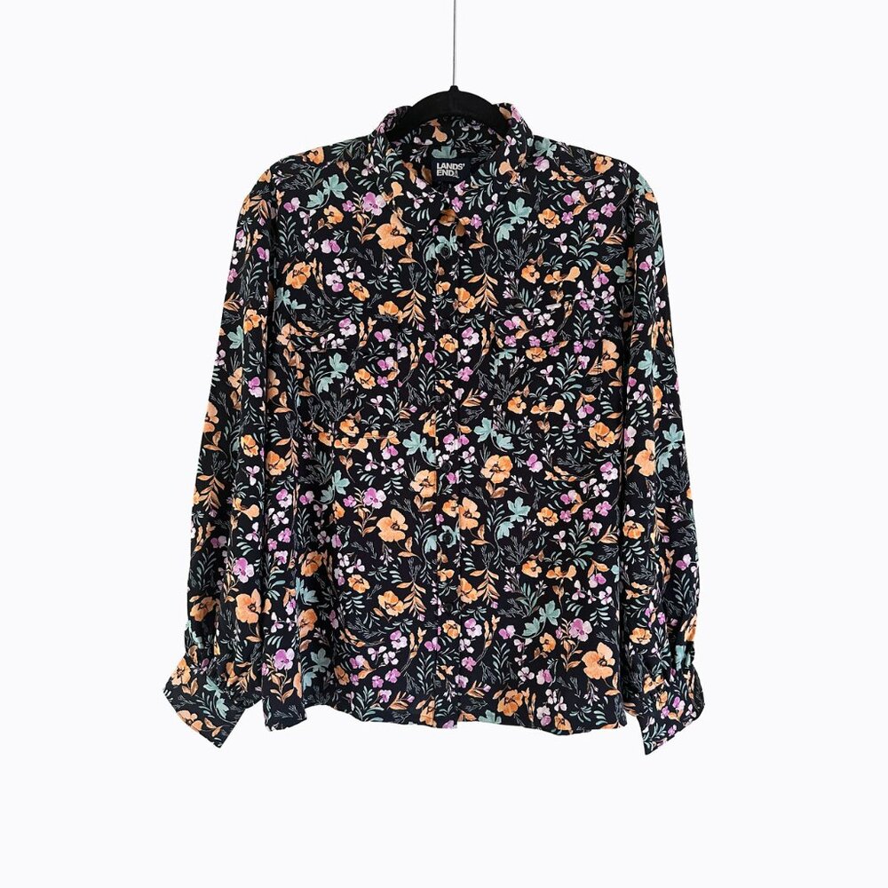 Lands End Utility Top Sz S Button-Down Black Watercolor Floral Preppy Bloomcore